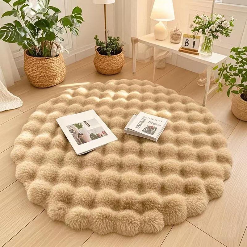 Cream Bubble Velvet Round Rug - Minimalist Style, Perfect for Living Room Coffee Table or Bedroom, Rabbit Plush Texture.