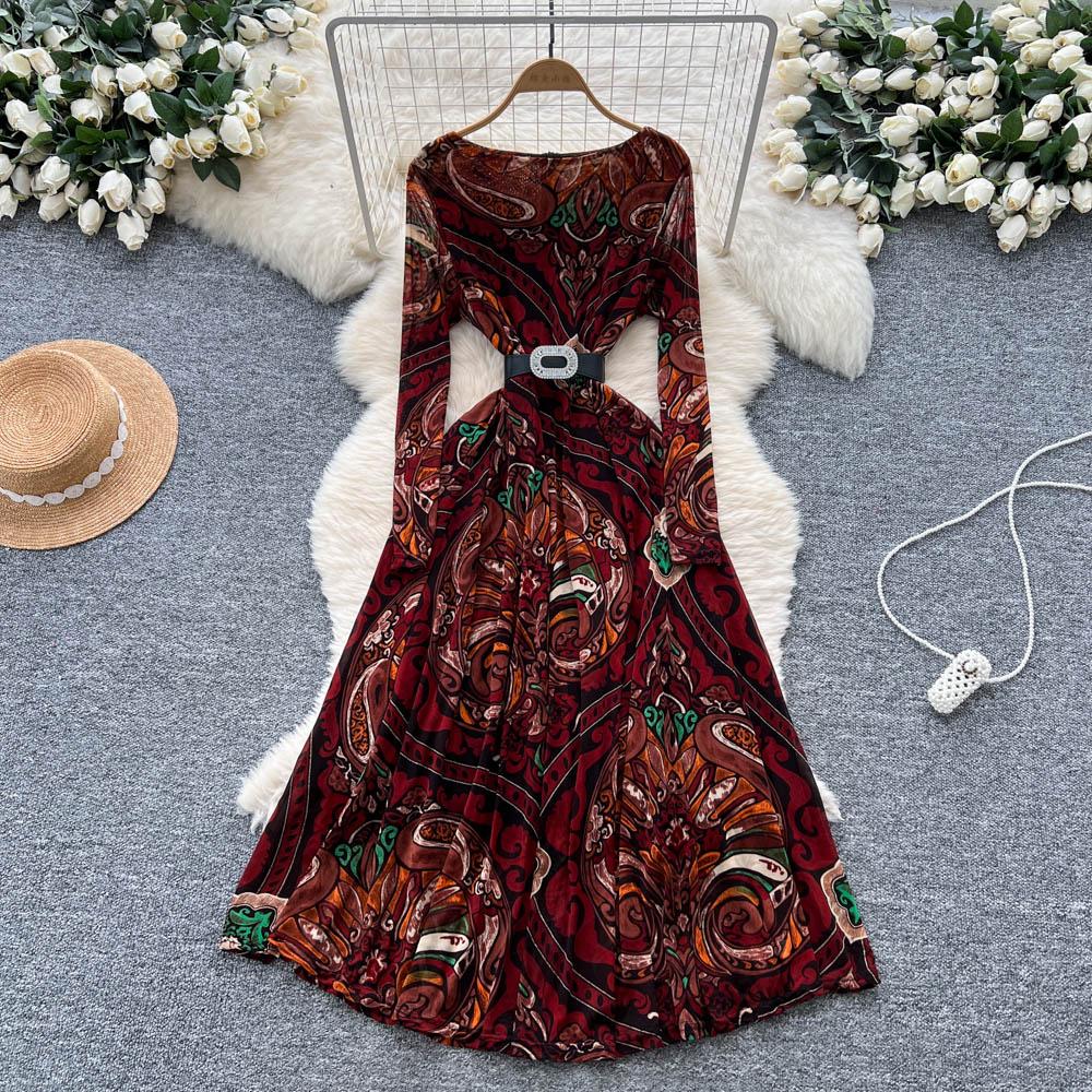 Chic sexy print mesh Ruched dress long sleeve Fairy Casual A-line autumn winter  Vestidos Women Party dress