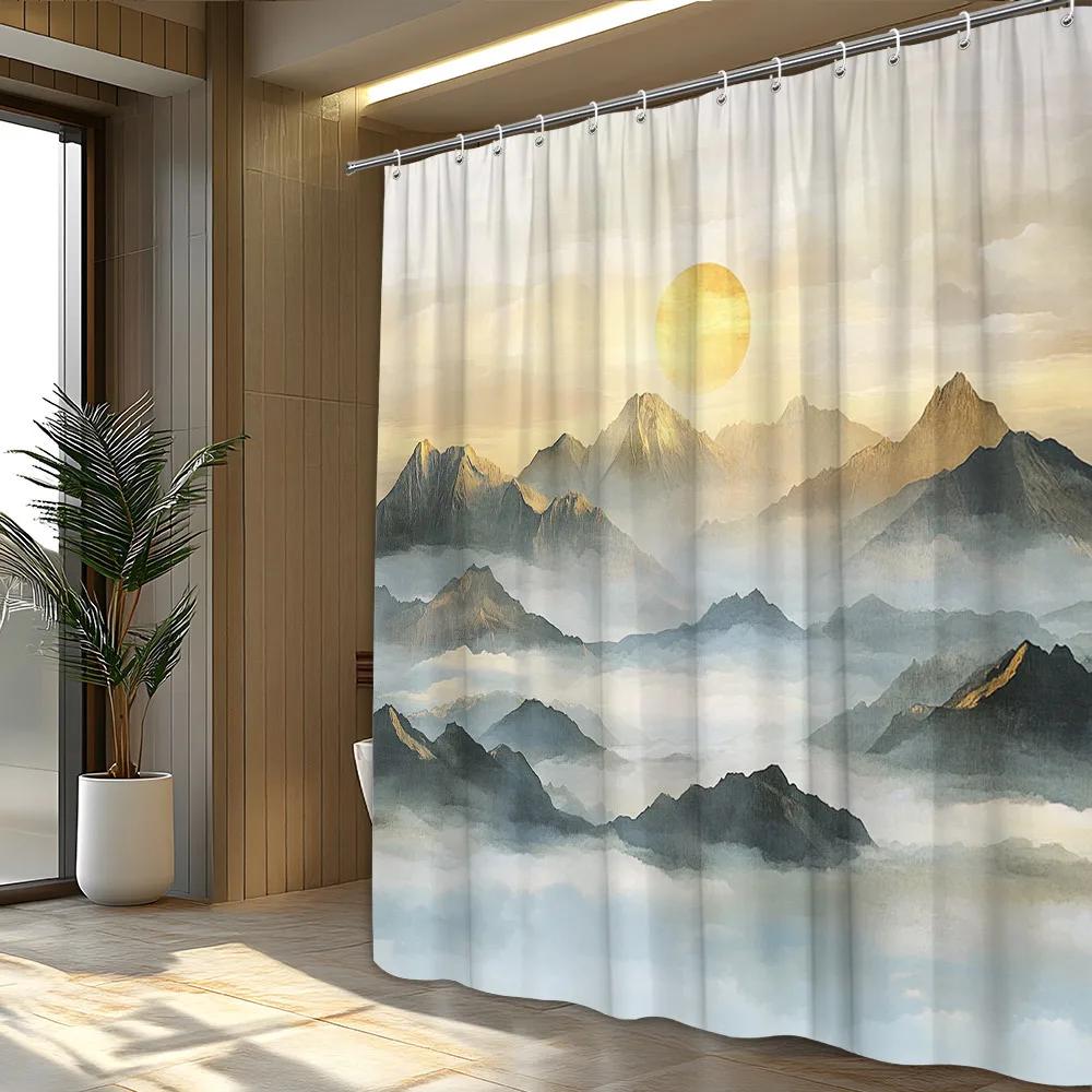 1pc Serene Mountain Shower Curtain - Misty Sunrise, Snow-Capped Peaks & Fog, Polyester, Bathroom Decor