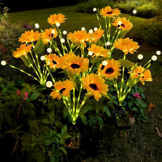 Solar Sunflower Garden Light, Waterproof Outdoor Lawn Lamp with Firefly LED Lights, Automatic On/Off Solar Powered Landscape Lamp Patio Walkway