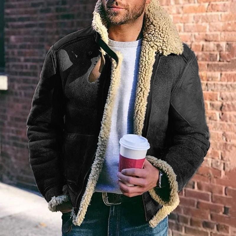 

Men’s Faux Shearling Lined Leather Jacket with Turn Down Collar M чорний