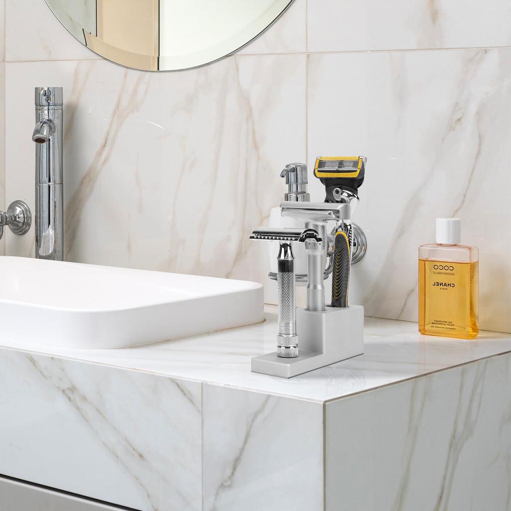 Linkidea Aluminum Alloy Razor Stand with Drainage Fits Viking Blades and Merkur Safety Collectible Display Bathroom Gift for Men Base, Razors, Stand,