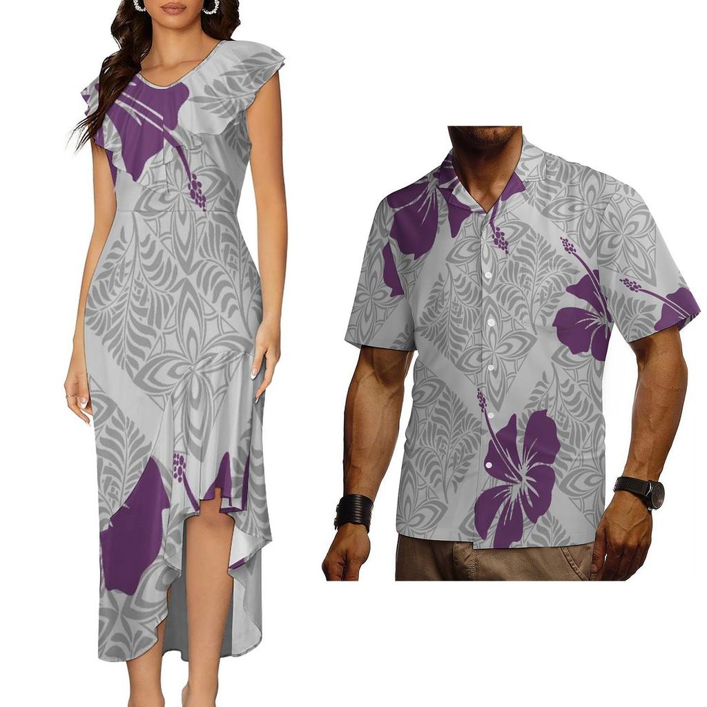 Polynesian Tribal Traditional Samoan Puletasi Dress for Women Custom Elegant Dresses Vintage Floral Dress Couple Set