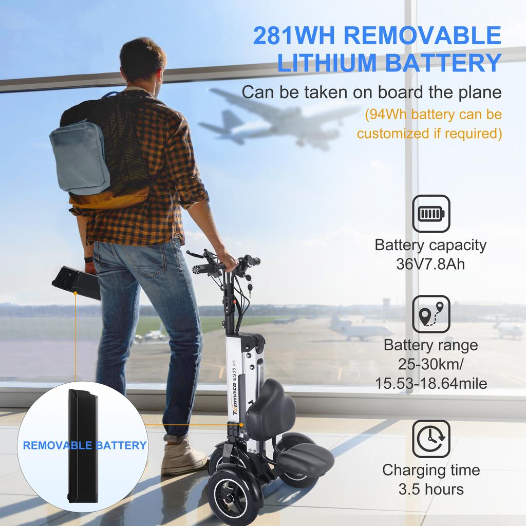 TopMate ES35P 3 Wheel Foldable Electric Scooter with Backrest Seat Removable 36V Battery Reverse for Adult Commute