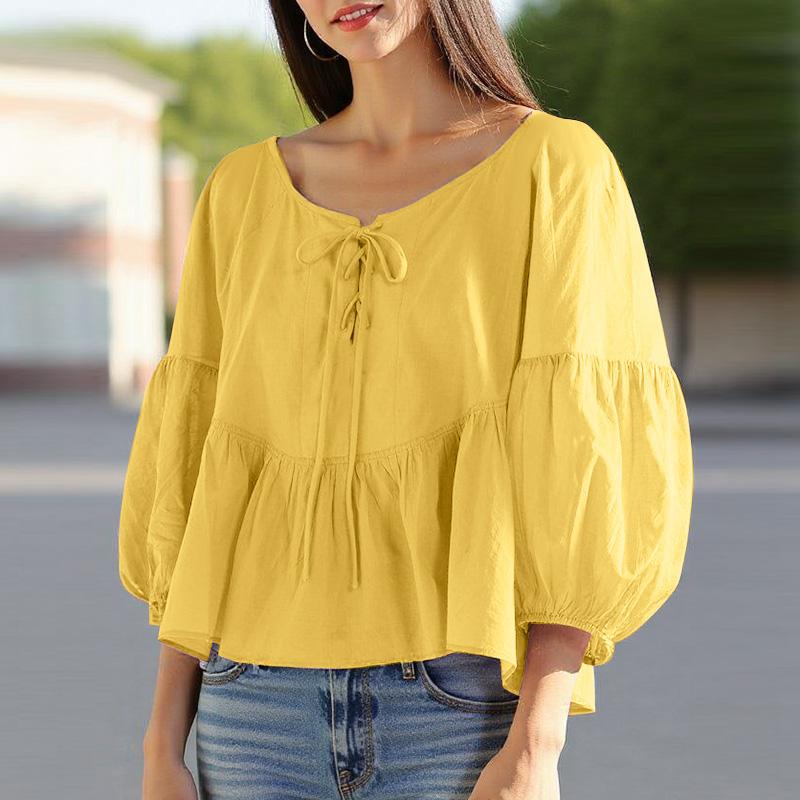 

ZANZEA Женские винтажные блузки с круглым вырезом и рукавом-фонариком 3/4 3XL жёлтый