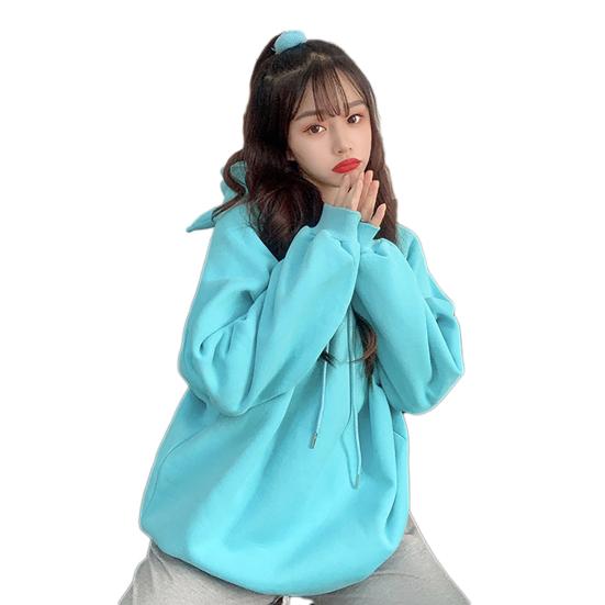 

Женская толстовка с капюшоном с длинным рукавом и симпатичным капюшоном из бычьих рогов, оверсайз, оверсайз L зелёный