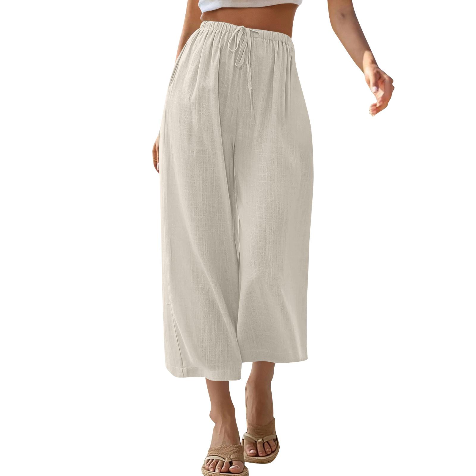 

Capris Pants For Women Cotton Linen Casual Summer Straight Wide Leg Loose Drawstring Elastic Waist Cropped Trouser XL бежевий
