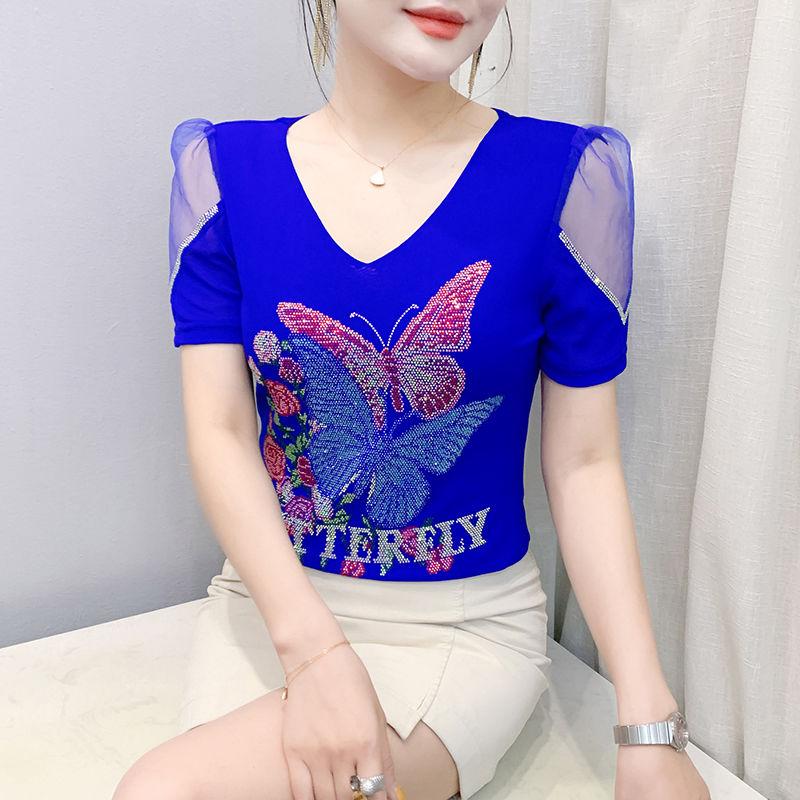 New European Brand Women's Clothes T-shirt Sexy V-Neck Luxury Butterfly Hot Diamonds Girls Tops Fashion Summer Short Sleeve Tees