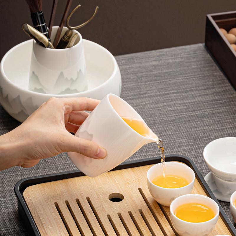 Dehua suet jade ink Kung Fu tea set white porcelain cover bowl tea cup light luxury set business gift printing