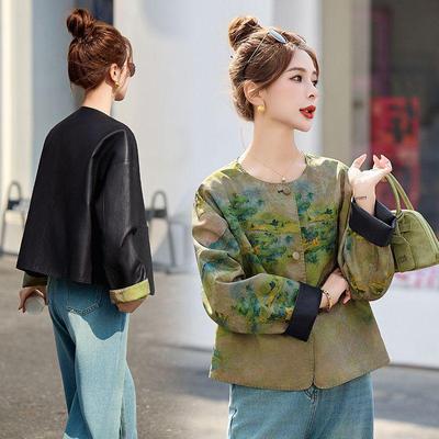 Women's Reversible Retro Jacquard Leather Patchwork Jacket - New Chinese Style for Autumn