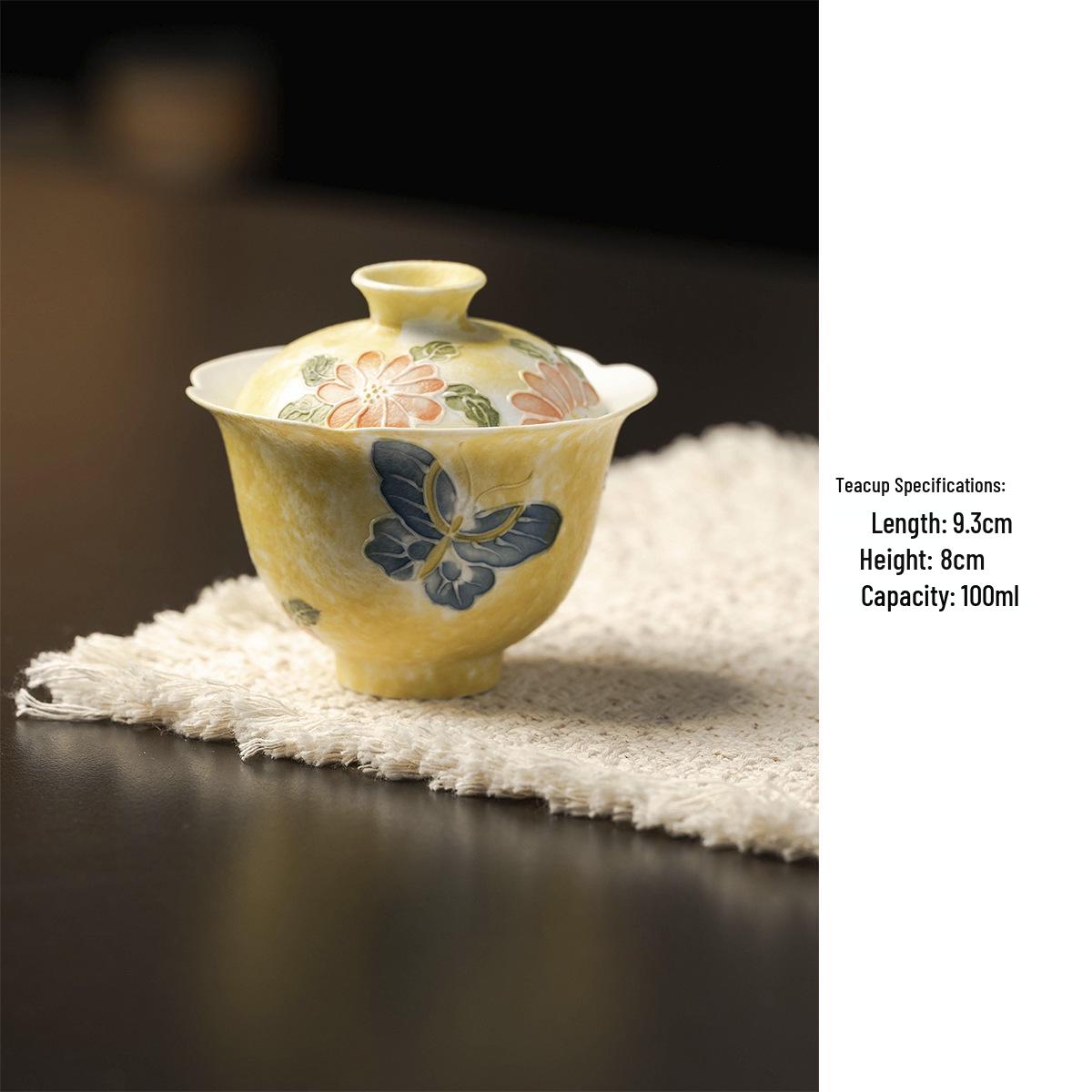 Yiyan Hand-painted Butterfly Gaiwan Ceramic Tea Cup with Flower Rim - Thin-Walled, Heat-Resistant, Ideal for Kung Fu Tea Set