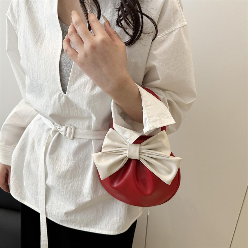 

Korean Style White Bowknot Bag Sweet Pleated Commuting Bag Trendy Vintage Handbag Christmas червоний
