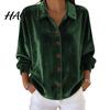 Breathable Women Blouse Shirt Lapel Long Sleeve Velvet Texture Solid Color Tops Loose Fit Buttons Placket Commuter Work Wear Everyday Top
