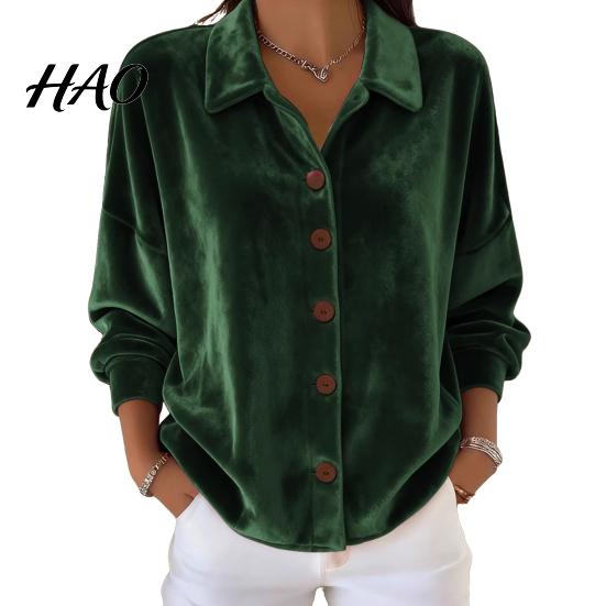 Breathable Women Blouse Shirt Lapel Long Sleeve Velvet Texture Solid Color Tops Loose Fit Buttons Placket Commuter Work Wear Everyday Top