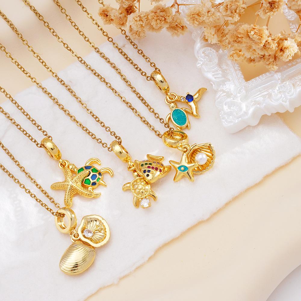 Sweet Cute Zircon Fish Shell Turtle Charms Necklaces for Women Girls Stainless Steel Chain Fashion Jewelry Accessories Gifts