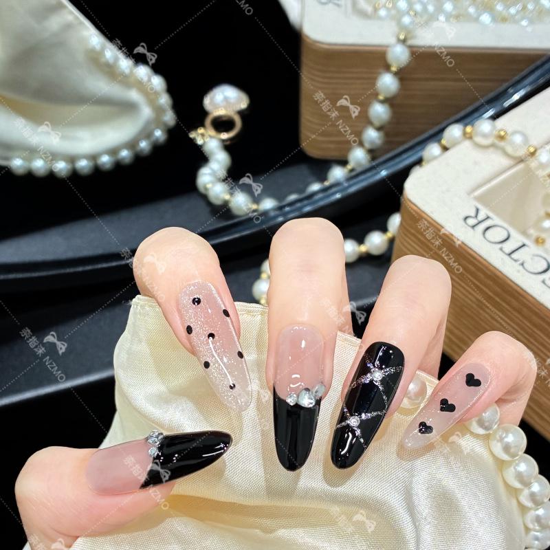 L13 Handmade Black Polka Dot Long Wearable Nail Art XS Long Oval