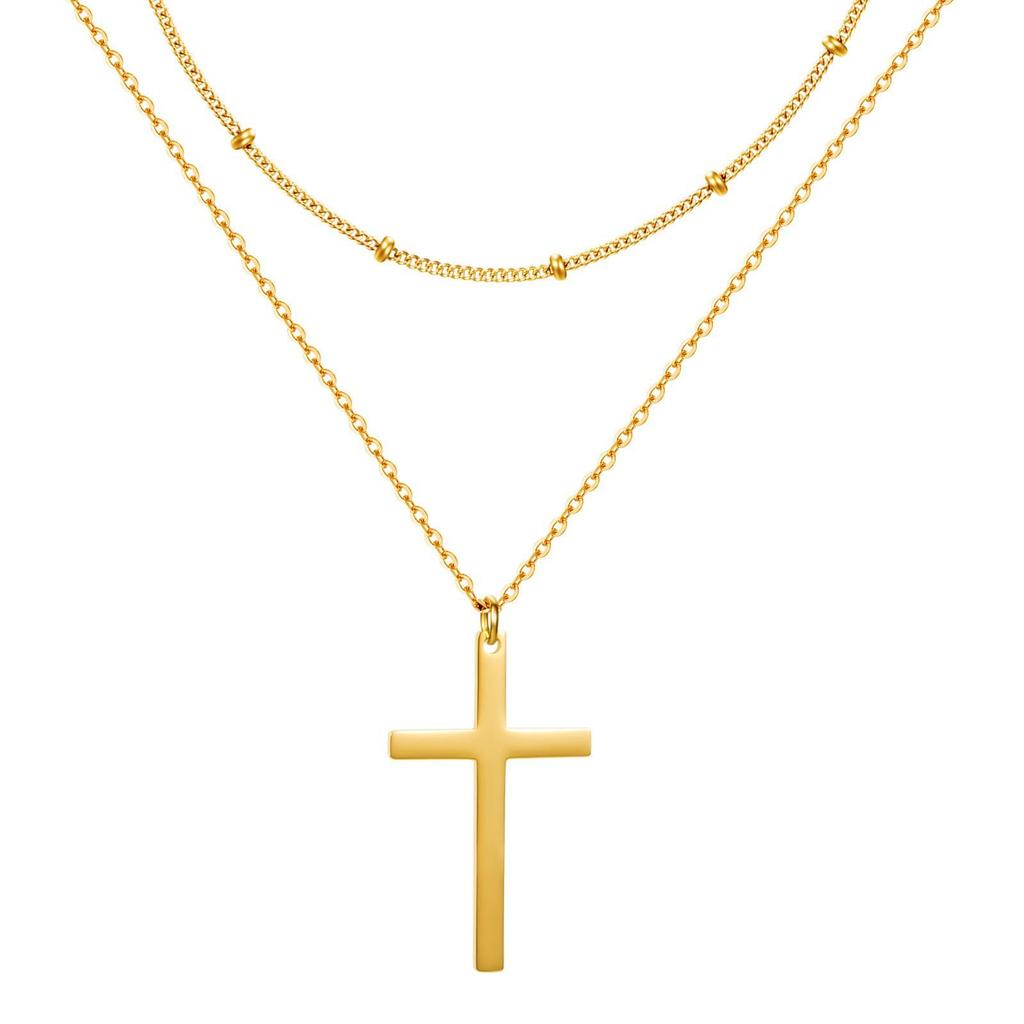 Stainless Steel Double Layer Cross & Bead Necklace for Women