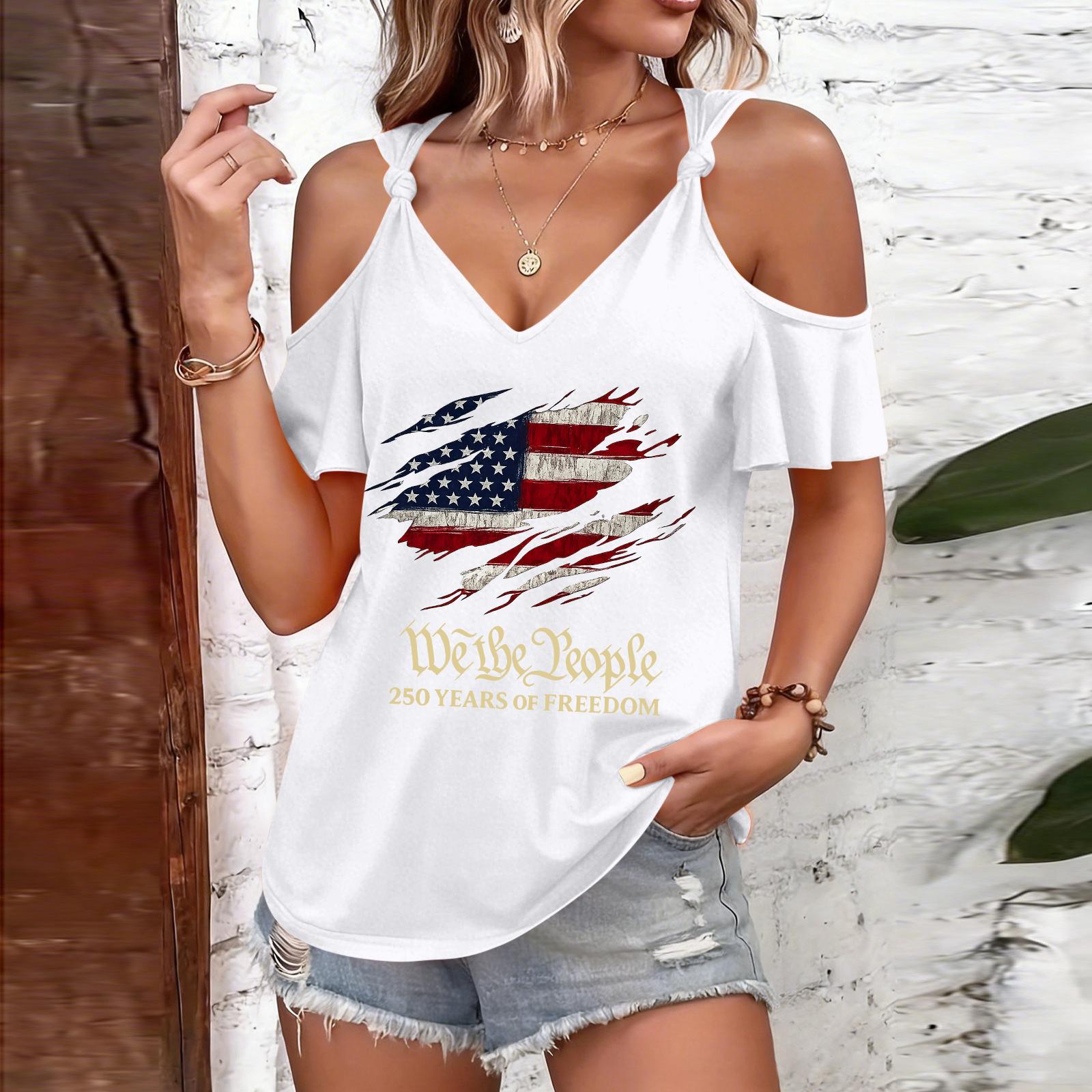 

Women s Casual Fashion Independence Day Printed Strappy Neck Off-Shoulder Short-Sleeve T-Shirt S білий