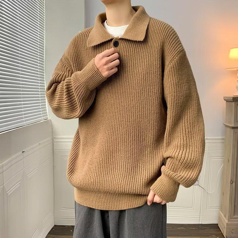 Japanese Lazy Style Polo Neck Sweater Men's American Retro Coffee Color Advanced Sense Oversize Knitted Sweater