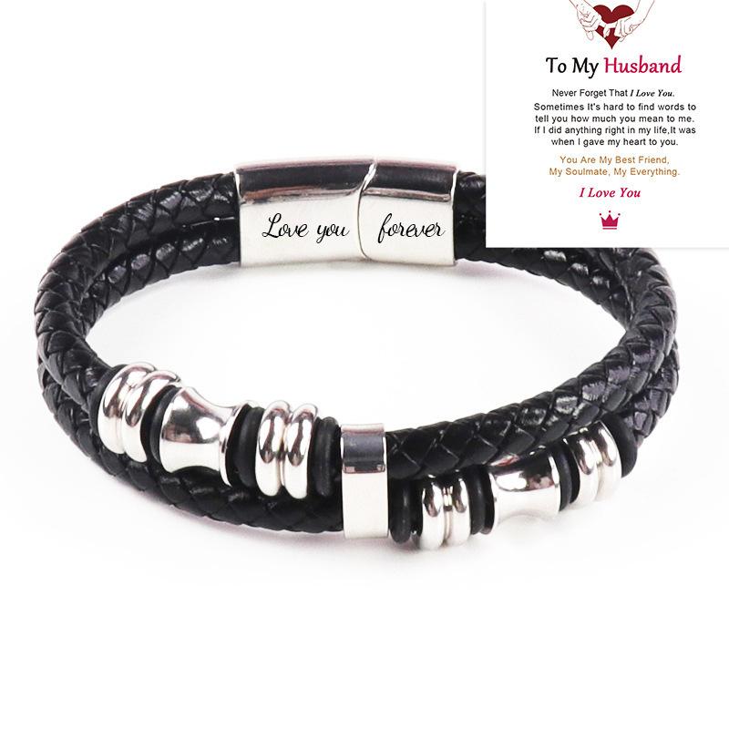 Leather rope bracelet cowhide men's double-layer stainless steel leather woven bracelet handmade multi-layer bracelet