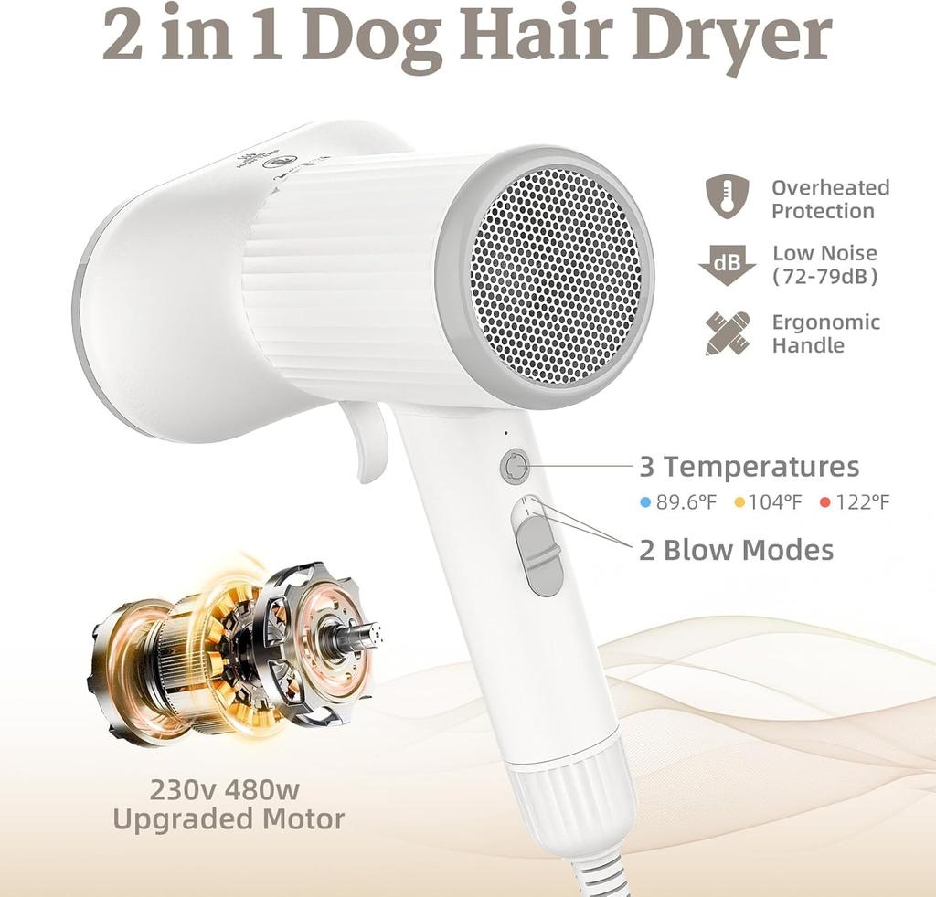 Dog Brush for Shedding, 2in1 Pet Hair Dryer Dog Grooming Brush with Removable Comb, Adjustable Temperature Speed, Portable Brush