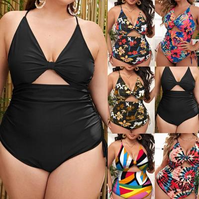 Duży rozmiar damski seksowny Hollow Out Bikini marszczone kontrola brzucha strój kąpielowy ściągany sznurkiem Monokini strój kąpielowy jednoczęściowy nadruk sznurowany z tyłu kostium kąpielowy