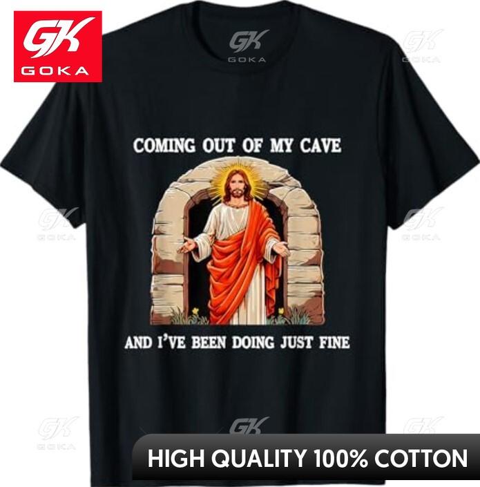 Funny Easter Jesus Coming Out of My Cave Retro Humor Easter Unisexs Witty Comfortable Cotton Printed Tee Casual Wear S