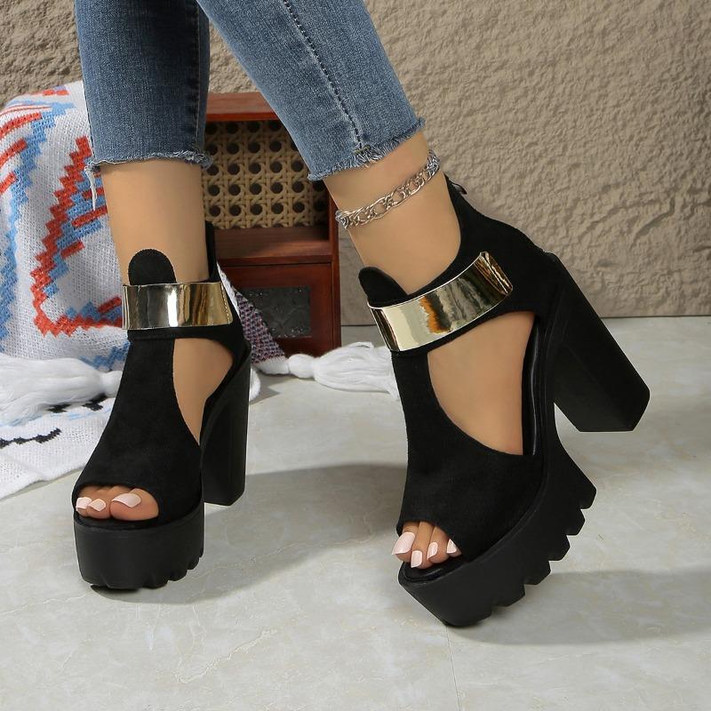 Sandali con Tacco Ultra Alto Moda Nuovi Punta Tonda Scamosciati Punta Aperta Traforati Piattaforma Zip Posteriore Antiscivolo Tacco a Blocco Scarpe