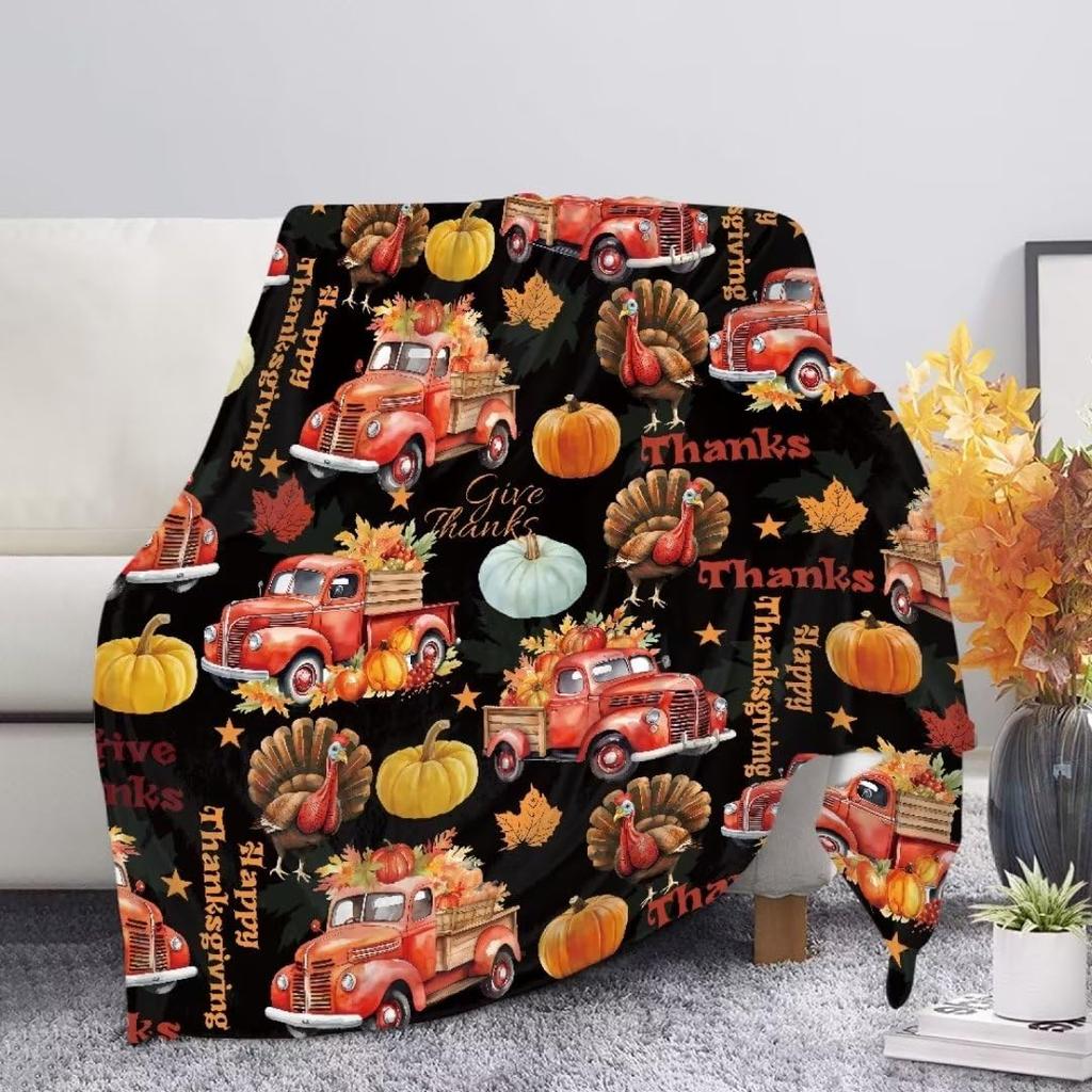 Harvest Autumn Throw Blanket Pumpkin Farmhouse Fallen Leaves Blanket Cozy Soft Lightweight Flannel Plush Blankets for Bed Couch