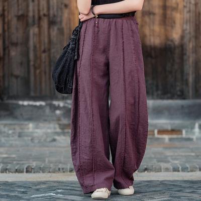 Women Vintage Pants Solid Color Spring Autumn Elastic Waist Patchwork Pockets Pants