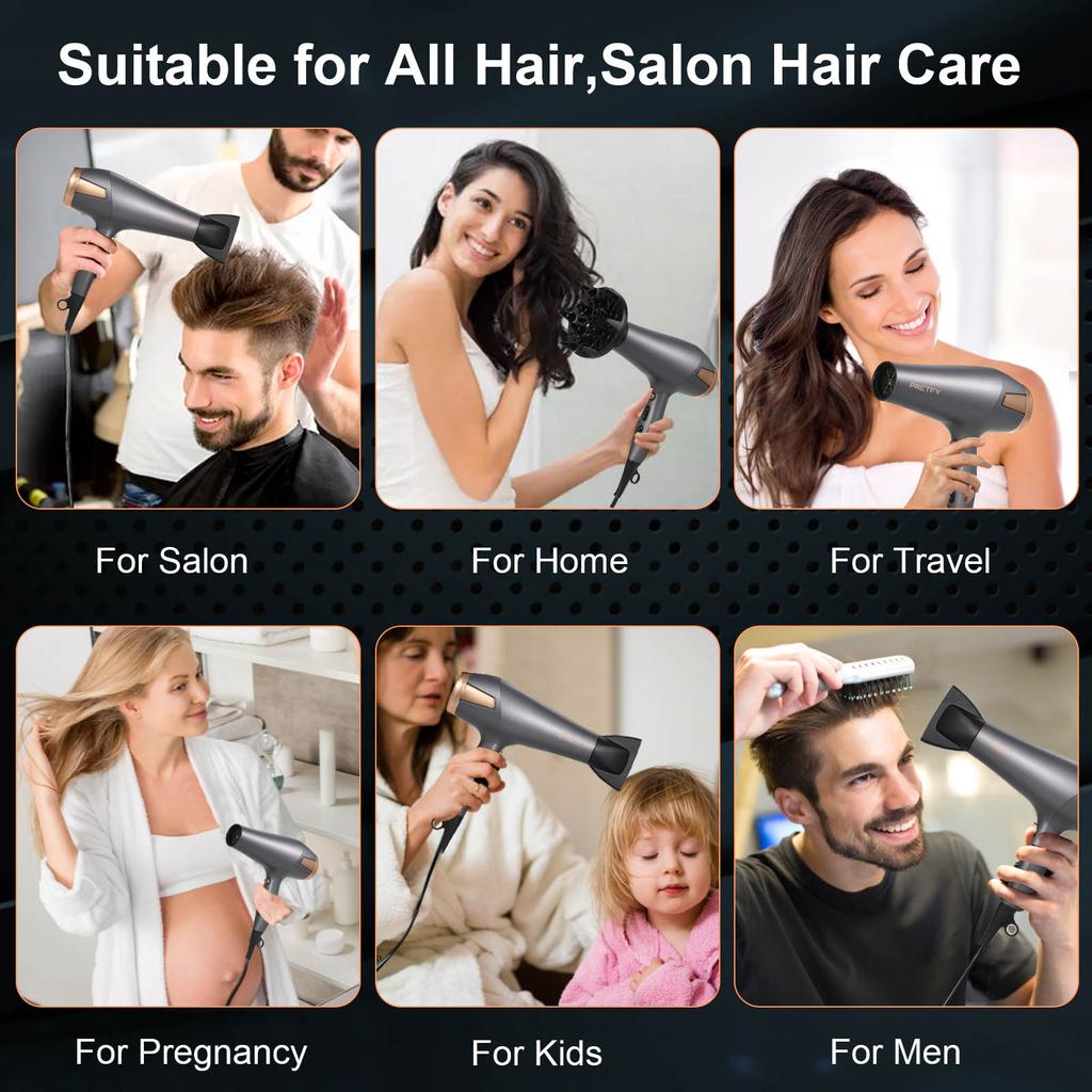 Pretfy Asciugacapelli per la cura dei capelli Asciugacapelli ionico negativo 2500 W 2 velocità 3 impostazioni di calore Asciugatura rapida