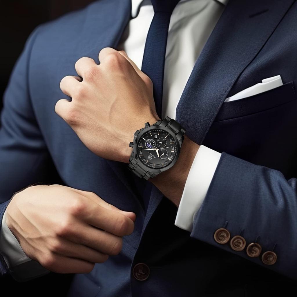 BENYAR Chronograph Watch with Leather and Black Leather Strap for Business and Formal Wear Men's Multi-Calendar Strap, Water-Resistant
