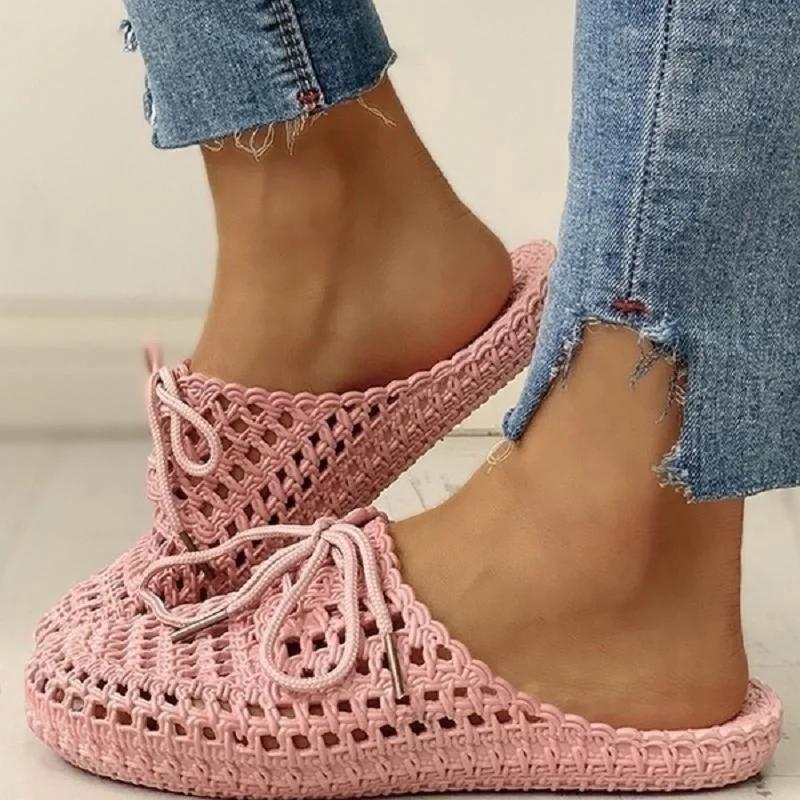 Women's Sandals Summer Hollow Toecap Female Flat Slippers Outdoor Casual Beach Solid Color Breathable Soft Ladies Hole Sandals