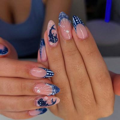 24pcs Almond Shaped 3D Nail Stickers, Whale Pattern, Simulation Pearl Blue French Tip, Acrylic Fake Nails For Women Girls DIY Manicure Nail Supplies