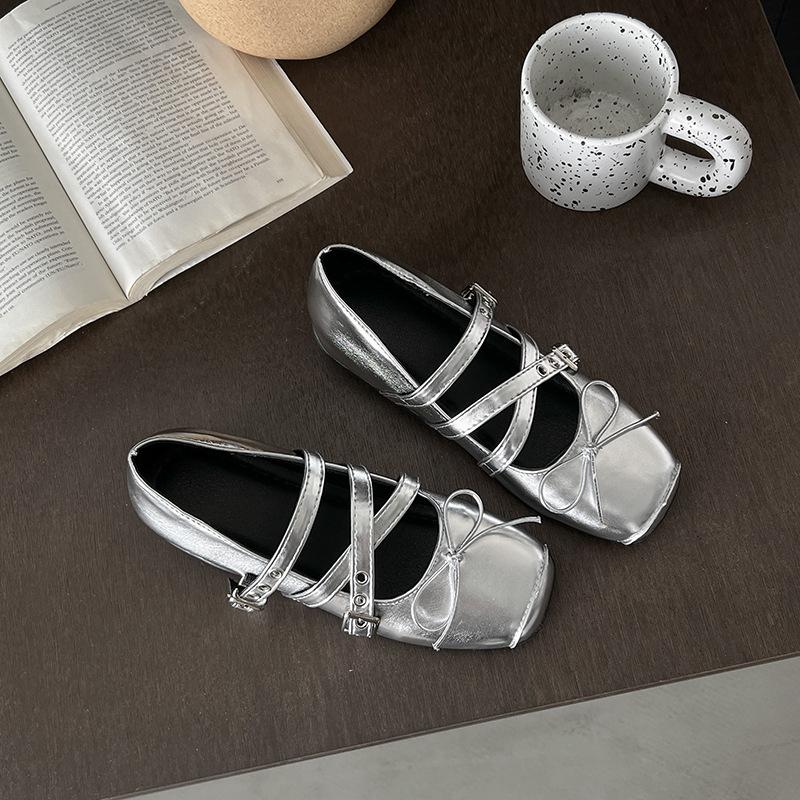 French Women's Ballet Shoes Summer New Retro Bow Inner Height Increase Single Shoes Cross Strap Mary Jane Shoes