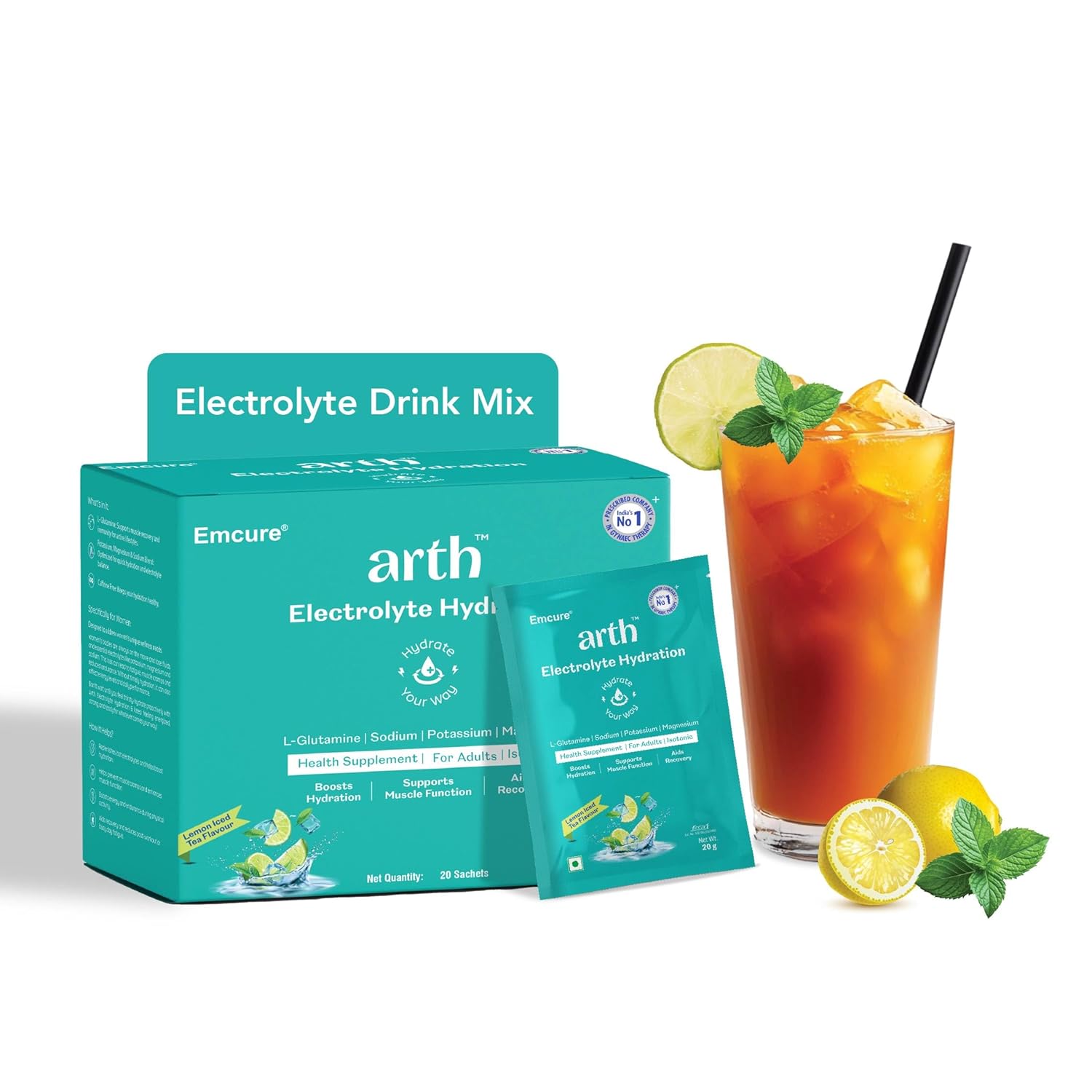 

Arth Electrolyte Powder 20 Sachets | Instant Hydration Drink for Adults | Lemon Flavour | L-Glutamine Muscle & Gut Support