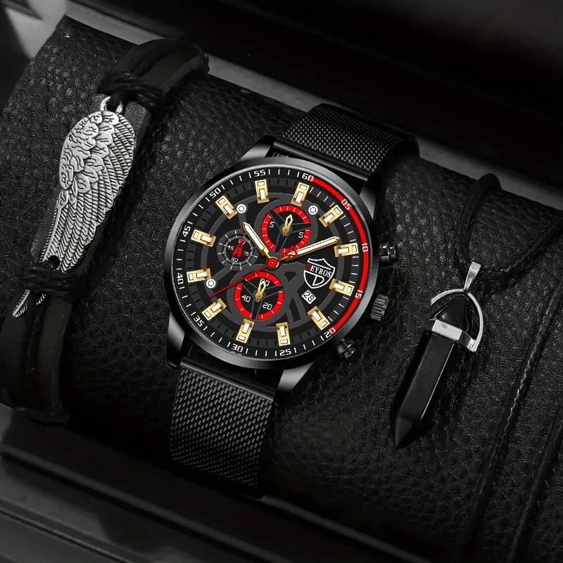 

3 шт./компл., 1 шт. Модные мужские роскошные деловые кварцевые часы с сетчатым браслетом из нержавеющей стали и 1 шт. браслет и 1 шт. ожерелье с