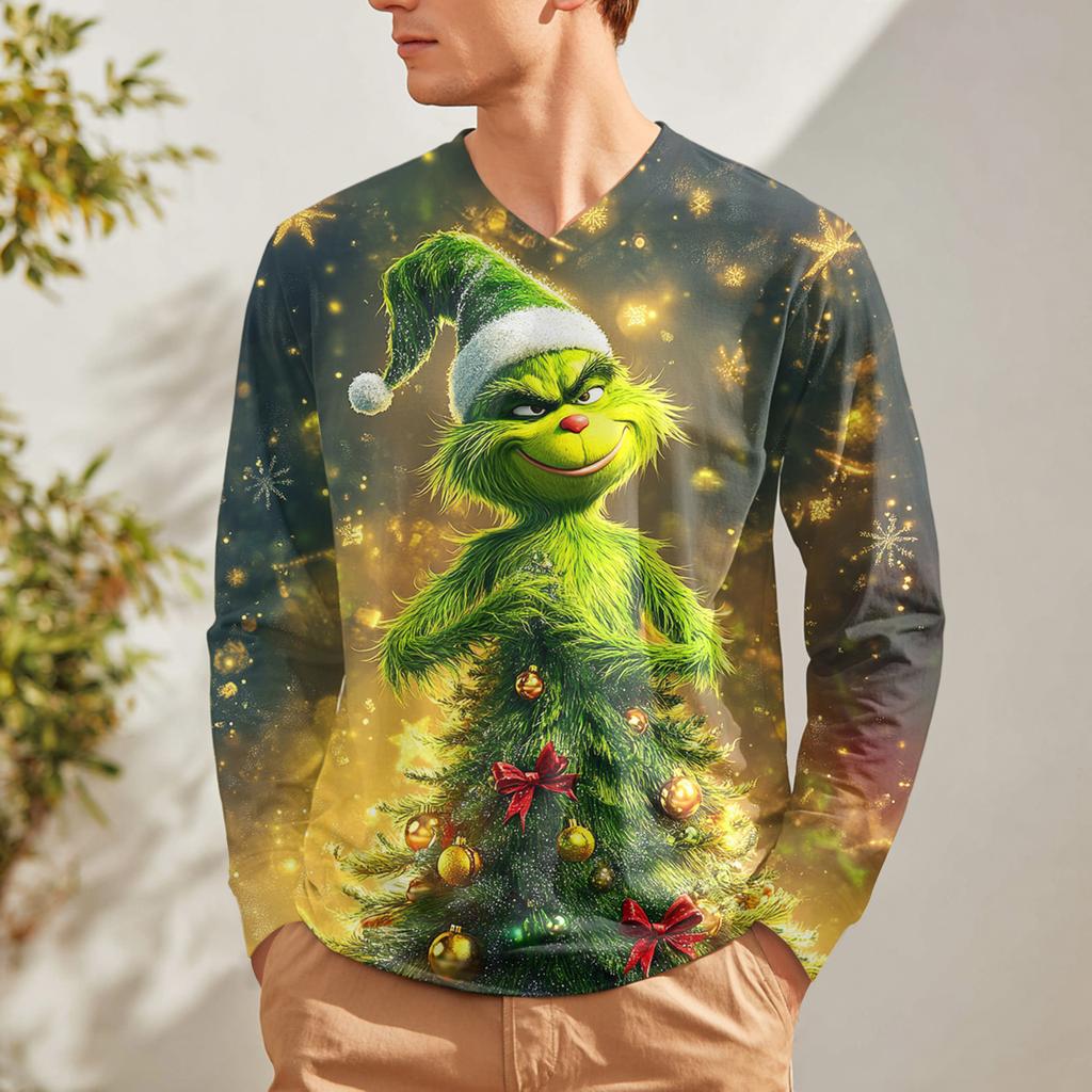 Men's Fashion Printed V-Neck Casual Long-Sleeved T-Shirt Bottoming Shirt Top