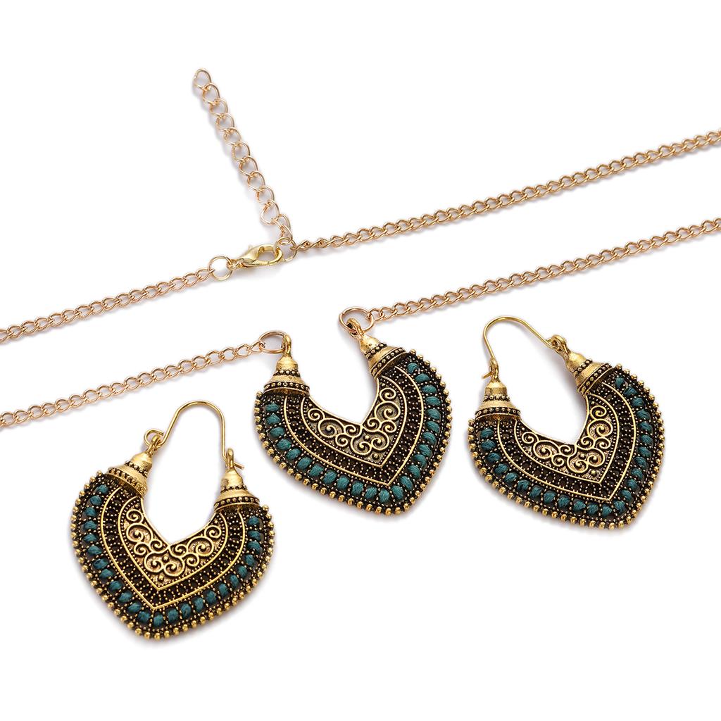 Vintage Ethnic Gold Color Drop Earrings Necklace for Women Heart Shape Statement Earrings Bohemian Rope Wrap Zircon Bijoux