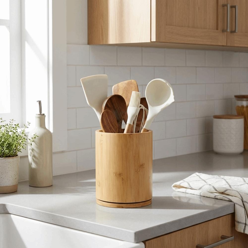 Wooden Kitchen Utensil Holder Farmhouse Style 360° Rotating Cutlery Storage Rack Large Capacity Chopstick Cage Kitchen Counter