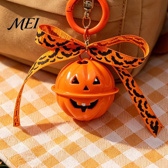 Hanging Bell Keychain Halloween Pumpkin Keychain, Hollow Head Key Ring Decorative with Ribbon Bow, Backpacks Charm for Holiday Party Decoration