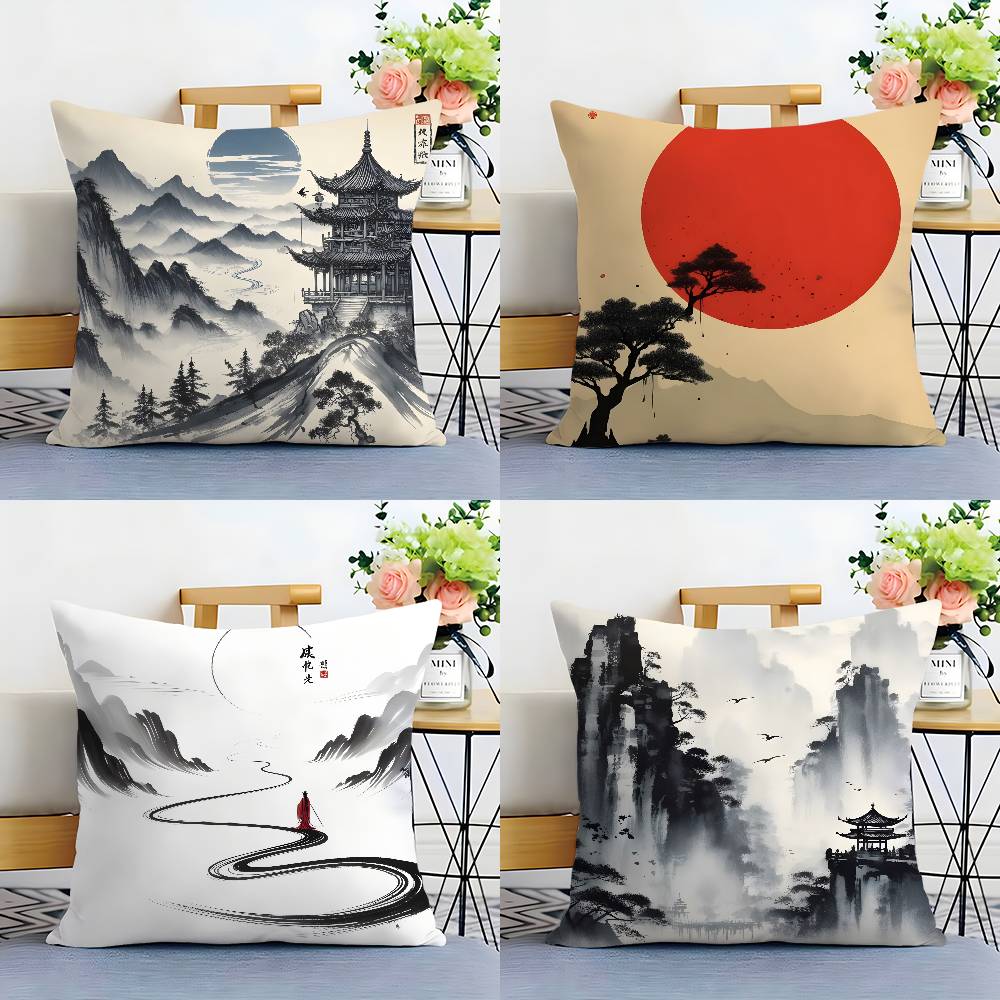 Chinese Ink Painting Style Pillow Case Plush Fabric Soft Double Sided Print Home Sofa High Quality Cushion Cover Throw
