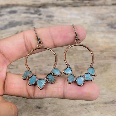 Boucle d'oreille brute aigue-marine Boucle d'oreille en cuivre électroformé Boucles d'oreilles en pierre gemme Bijoux électroformés Boucle d'oreille faite main Cadeau pour femmes Bijoux en cuivre