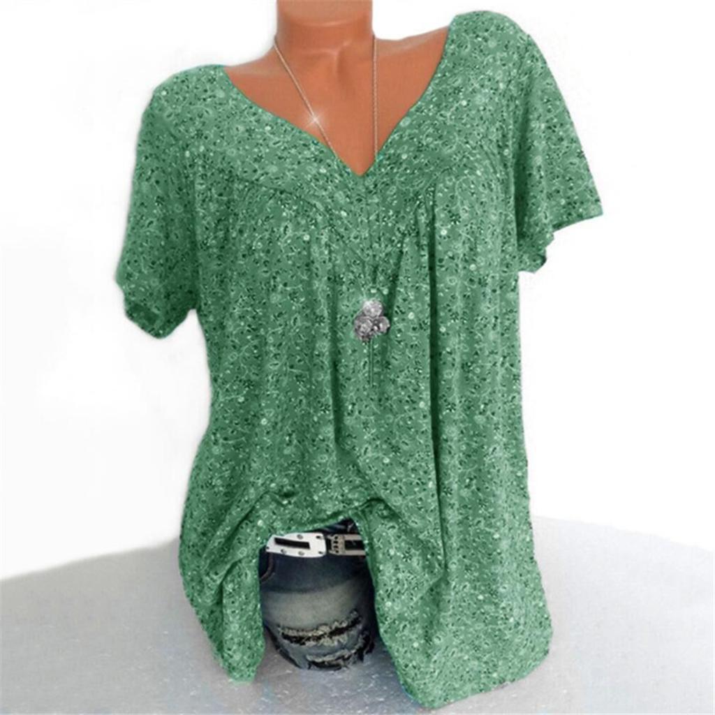 Large Size, Floral Top, V-neck, T-shirt, Loose Fit, Short Sleeved, Printed T-shirt