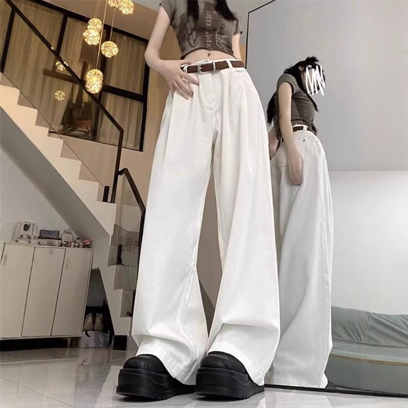Womens White High-Waisted Wide-Leg Straight Cut Denim Pants Loose Fit Casual Trousers Collection