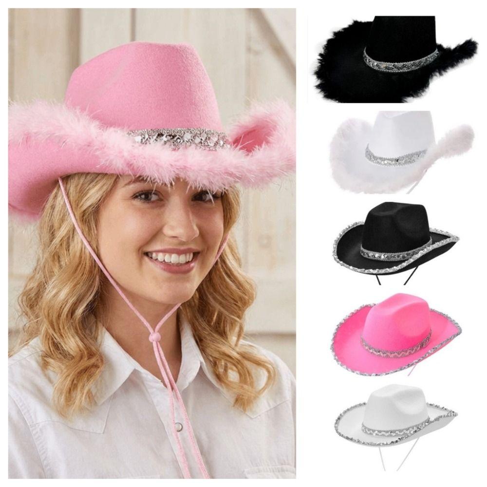 Furry Trim Western Cowboy Hat Solid Color Top Hat Fashion Sequin Cowgirl Hat Stage Performance