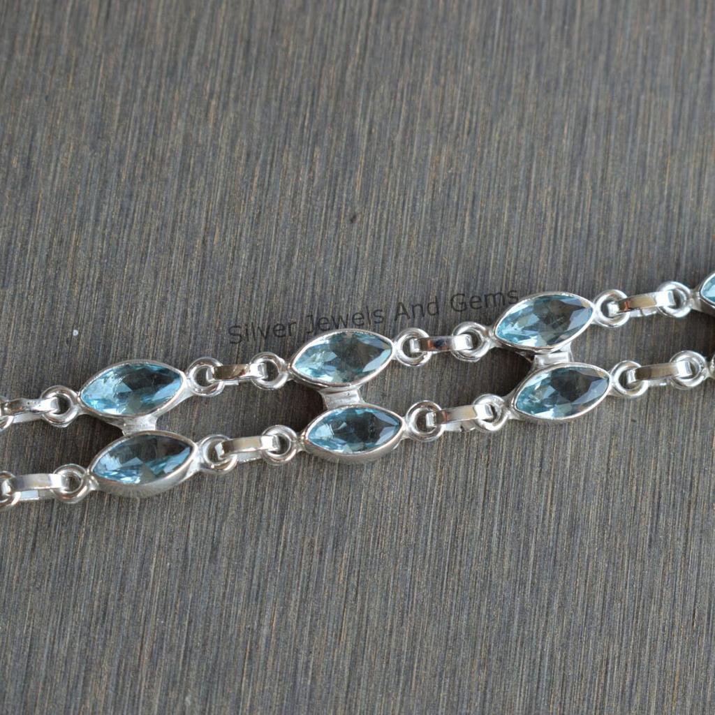 Blue Topaz Bracelet: Marquise 925 Sterling Silver Handmade Gemstone Bracelet