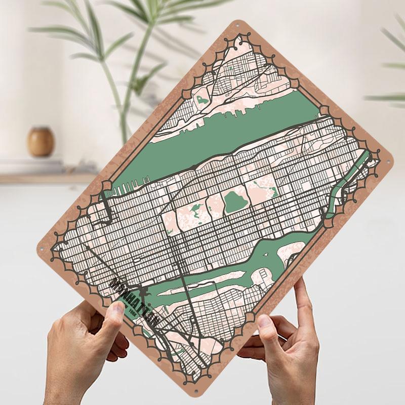

Manhattan Map Print Tin Plaque Poster Customized Wall Art Retro Vintage Metal Signs for Man Cave Decoration At Home Wand Deko 20x30cm（7.8x11.8inch）