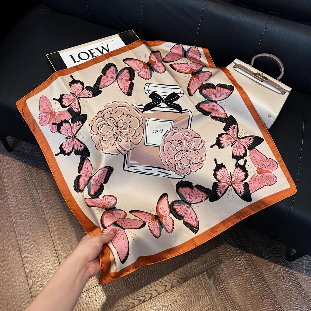 71Cm New Chinese Simulation Silk Square Scarf Soft and Skin-friendly Ink Flower Rhyme Printing Silk Scarf Neck Sunscreen Small Scarf