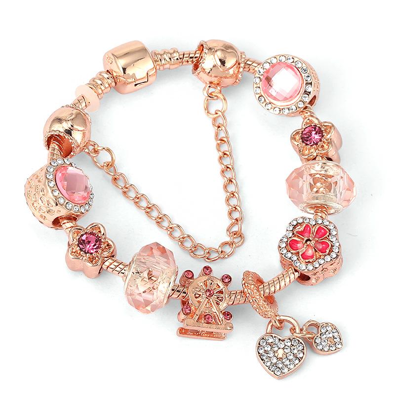 Pan's Rose Gold European Style Princess Crown Heart Pendant Bracelet for Women - DIY Customizable Series.